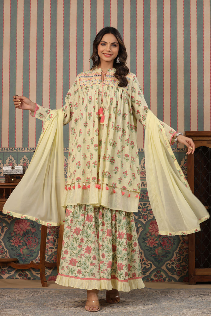 Buy MySilkLove Mint Julep Cream embroidery Pure Cotton Sharara Suit Online