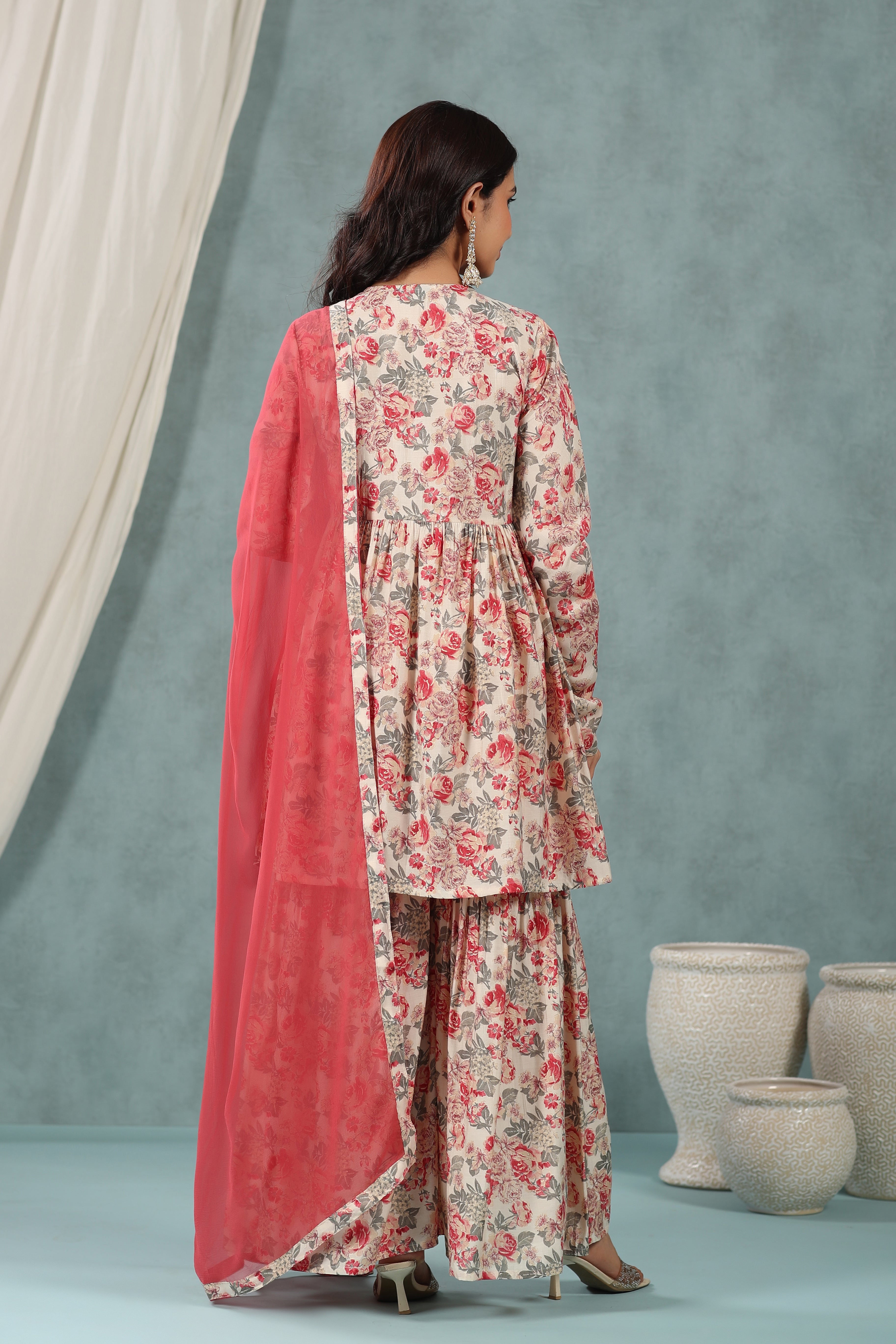 Buy MySilkLove Well Red Floral Alia Cut Pure Muslin Sharara Suit Online