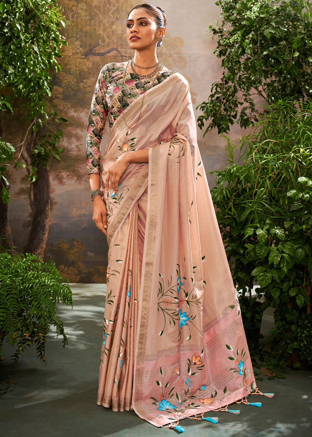 Buy MySilkLove Carnival Pink Hand Painted Linen Silk Saree Online