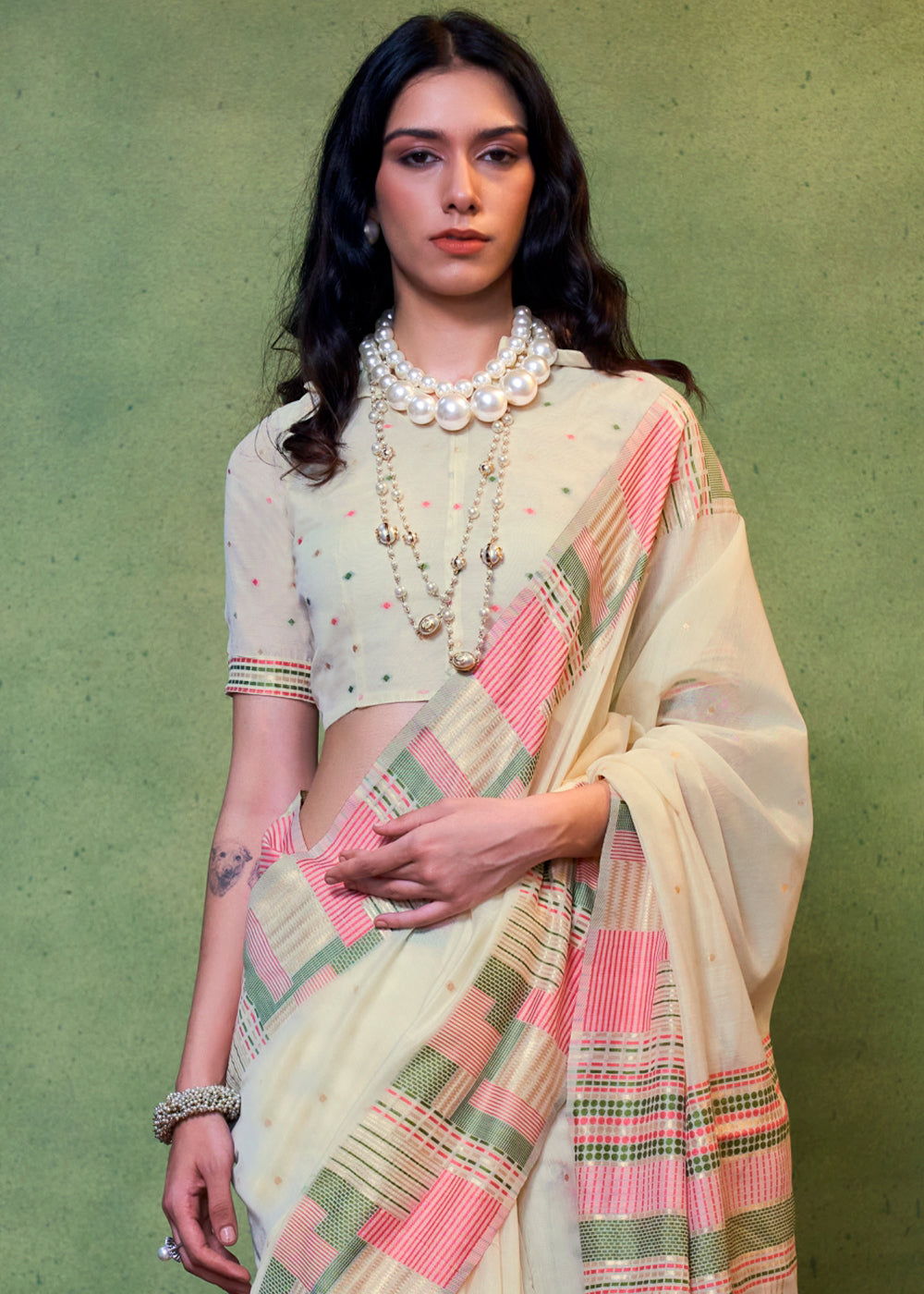 Buy MySilkLove Rum Swizzle Cream Handloom Cotton Silk Saree Online