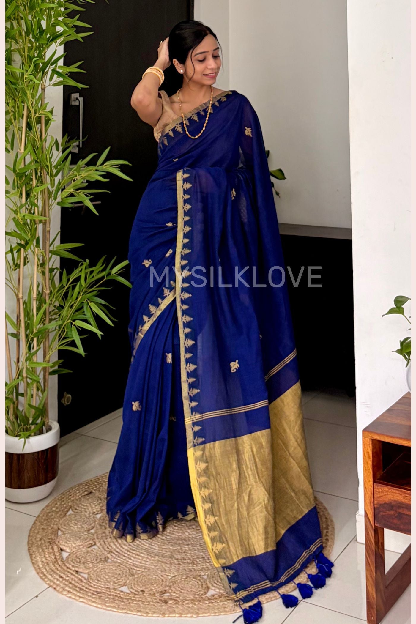 Buy MySilkLove Capri Blue Mul Mul Cotton Zari Woven Saree Without Blouse Online