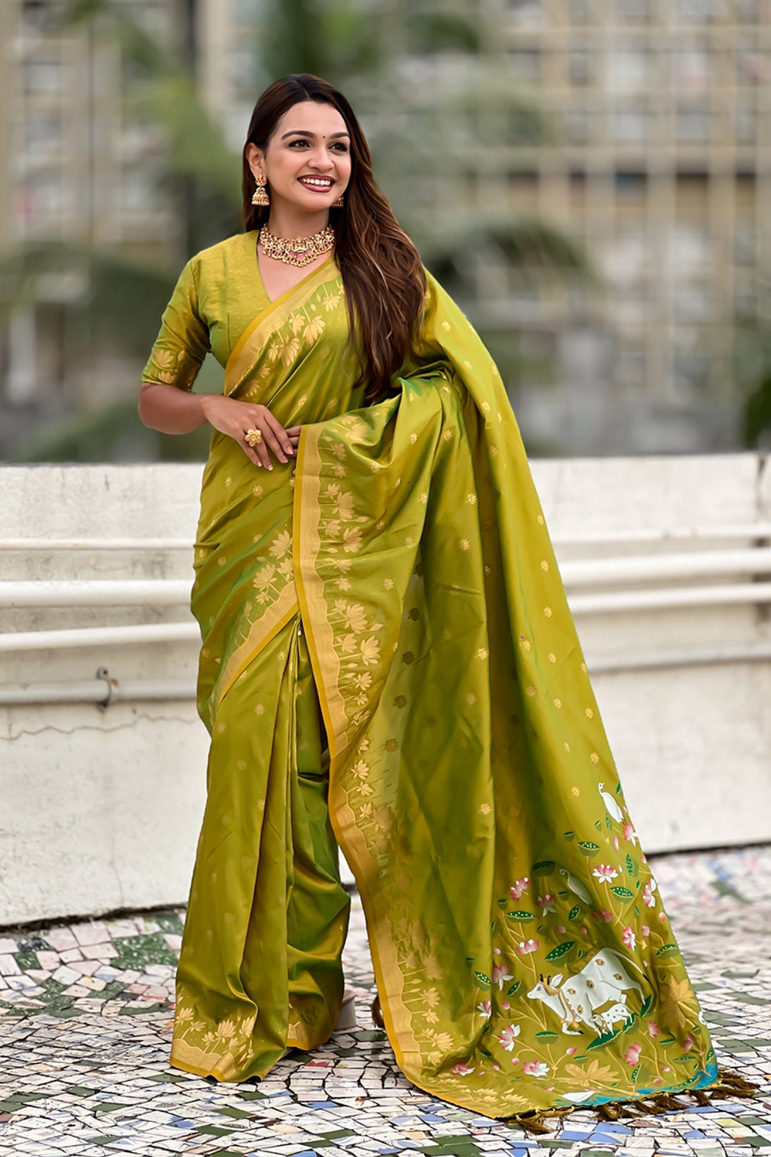 Buy MySilkLove Mehendi Green Woven Lotus Banarasi Saree Online