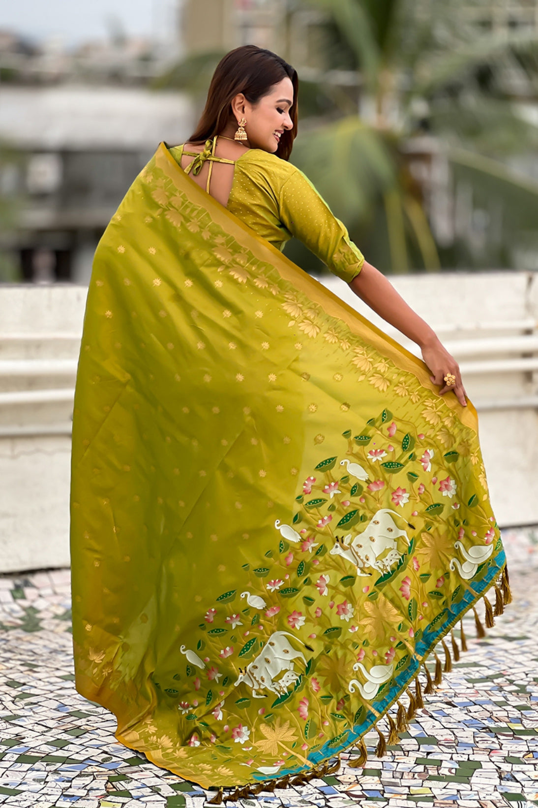 Buy MySilkLove Mehendi Green Woven Lotus Banarasi Saree Online