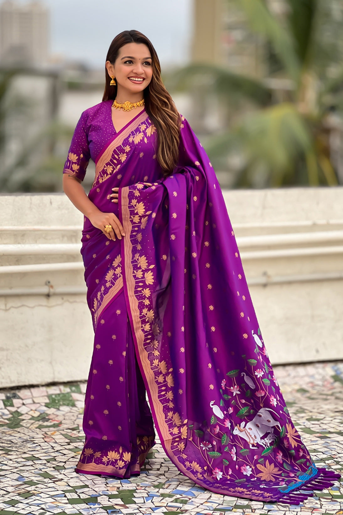 Buy MySilkLove Columbine Purple Woven Lotus Banarasi Saree Online