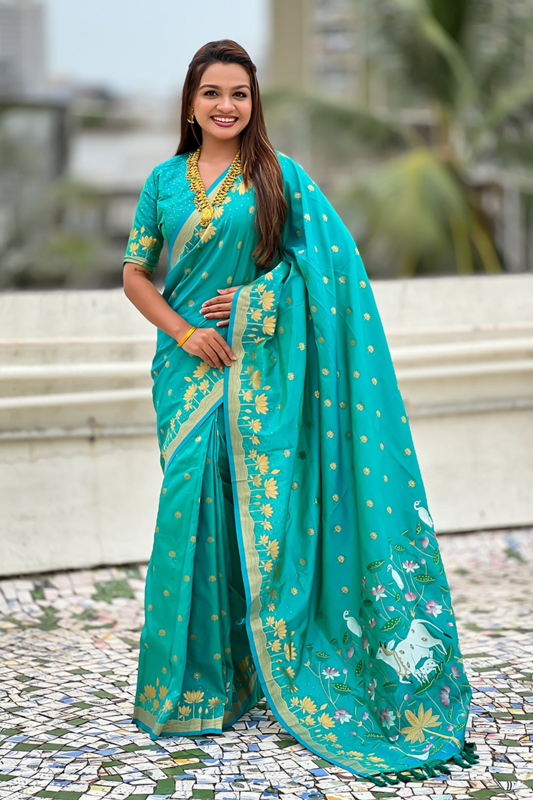 Buy MySilkLove Lobelia Blue Woven Lotus Banarasi Saree Online