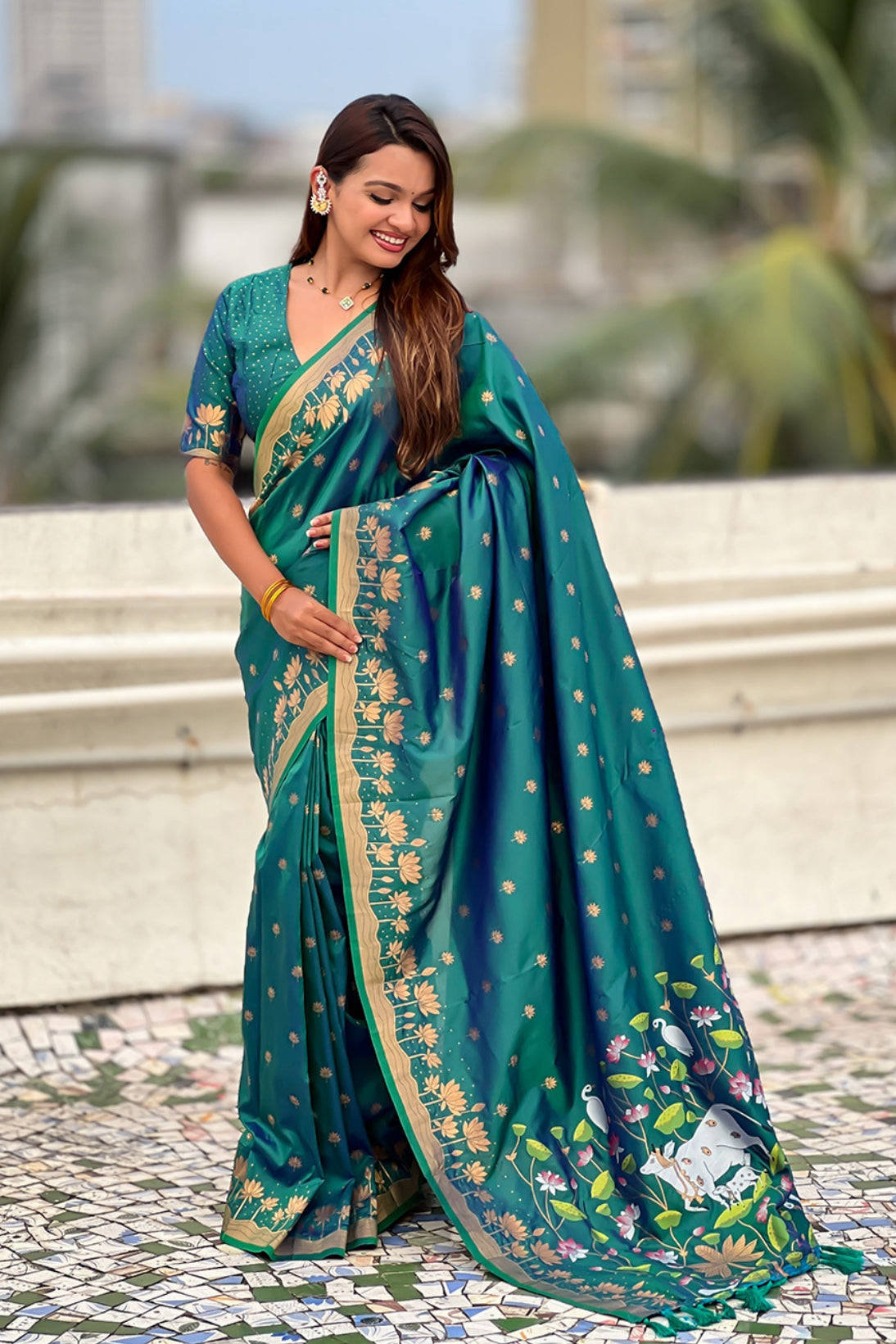 Buy MySilkLove Bottle Green Woven Lotus Banarasi Saree Online