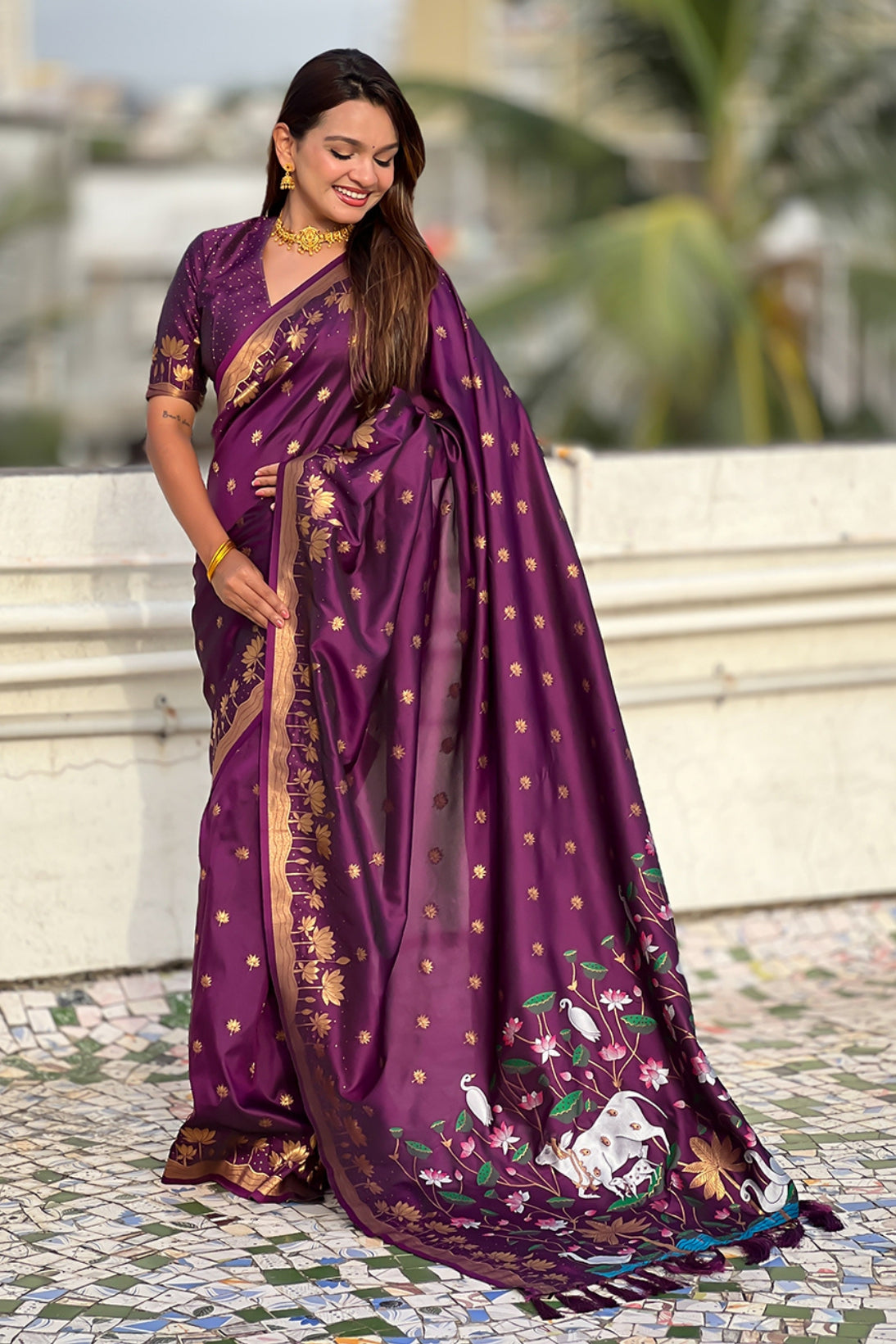 Buy MySilkLove Crocus Purple Woven Lotus Banarasi Saree Online