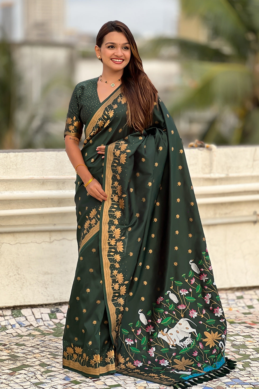 Buy MySilkLove Dark Leaves Green Woven Lotus Banarasi Saree Online