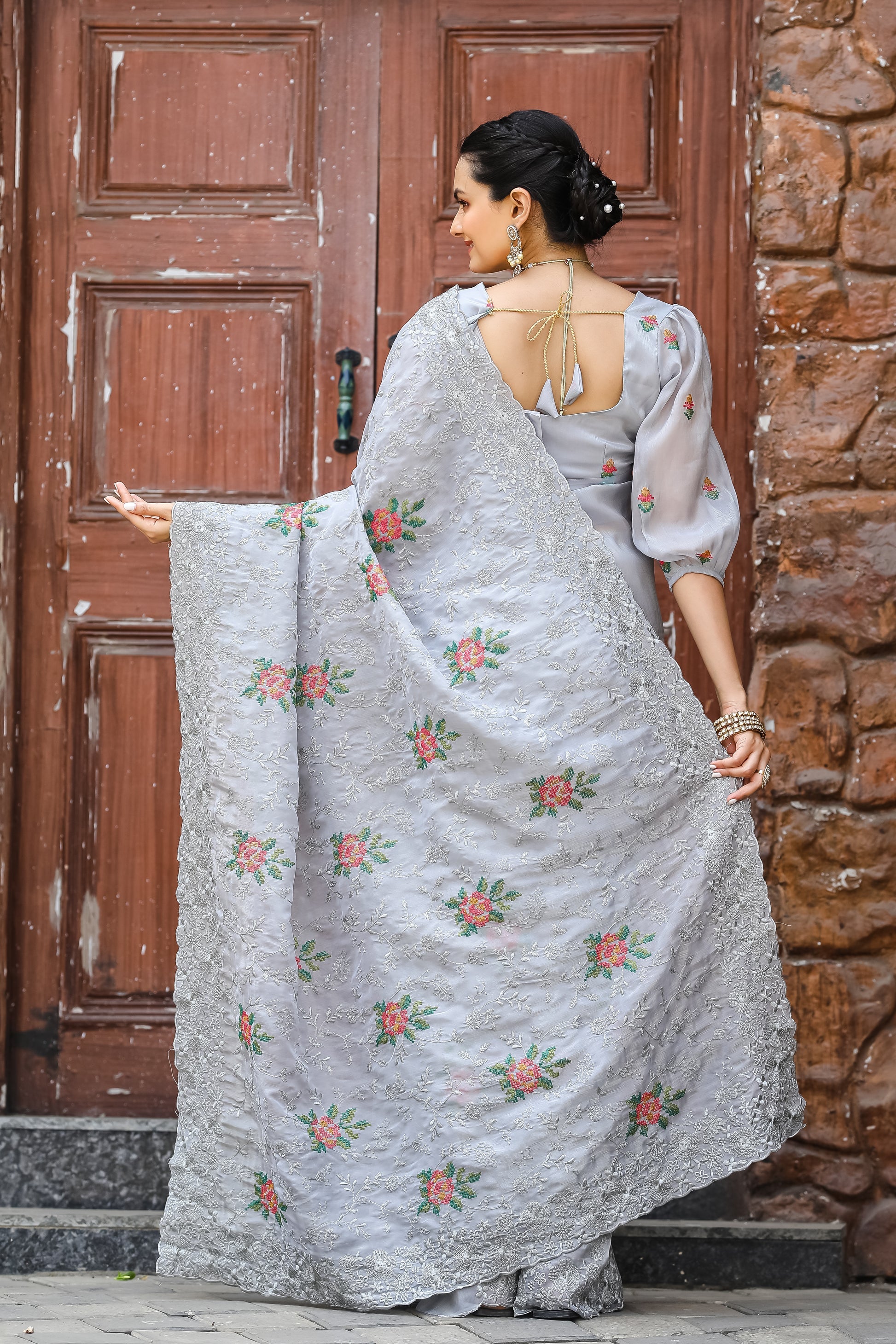 Buy MySilkLove Cloudy Grey Embroidered Chiffon Silk Saree Online
