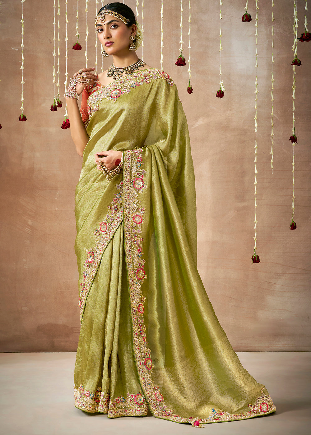 Buy MySilkLove Pistachio Green Zari Woven Embroidery Designer Tissue Dola Silk Saree Online