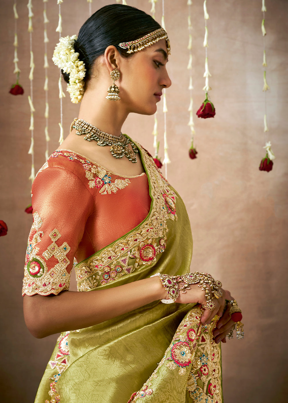 Buy MySilkLove Pistachio Green Zari Woven Embroidery Designer Tissue Dola Silk Saree Online