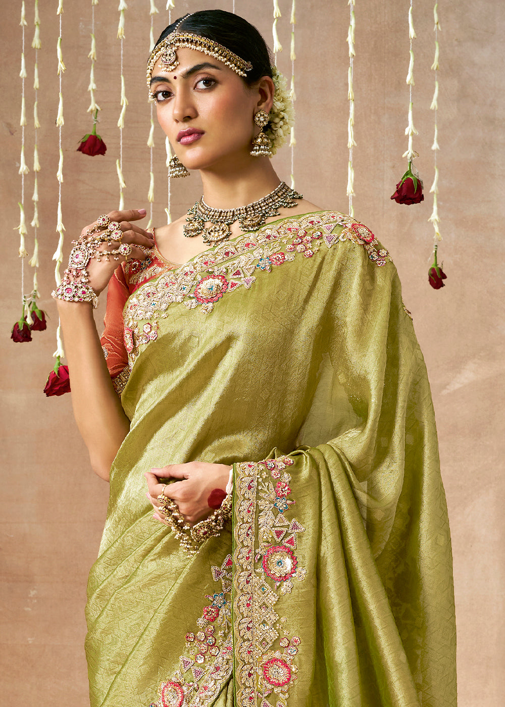 Buy MySilkLove Pistachio Green Zari Woven Embroidery Designer Tissue Dola Silk Saree Online