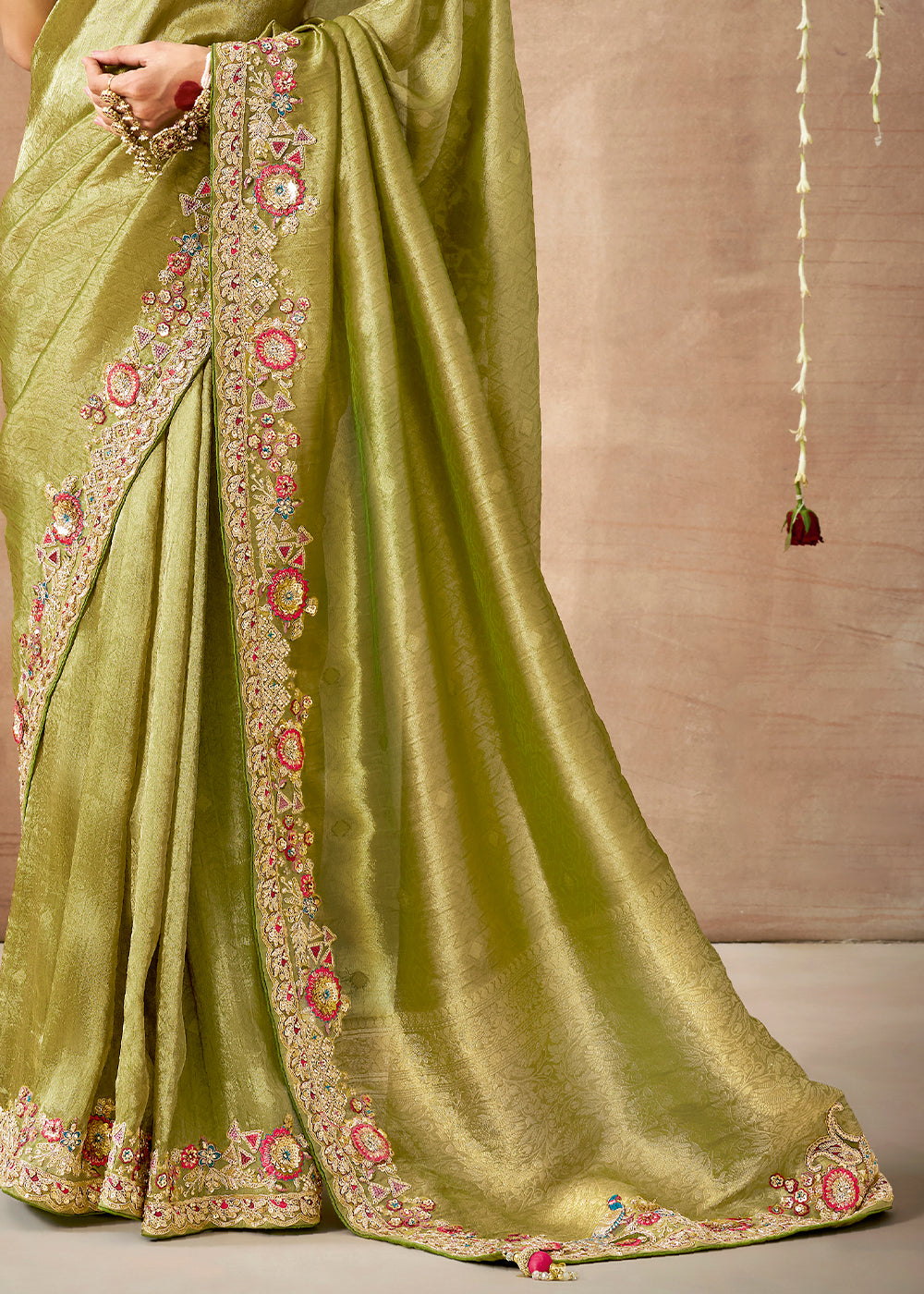 Buy MySilkLove Pistachio Green Zari Woven Embroidery Designer Tissue Dola Silk Saree Online