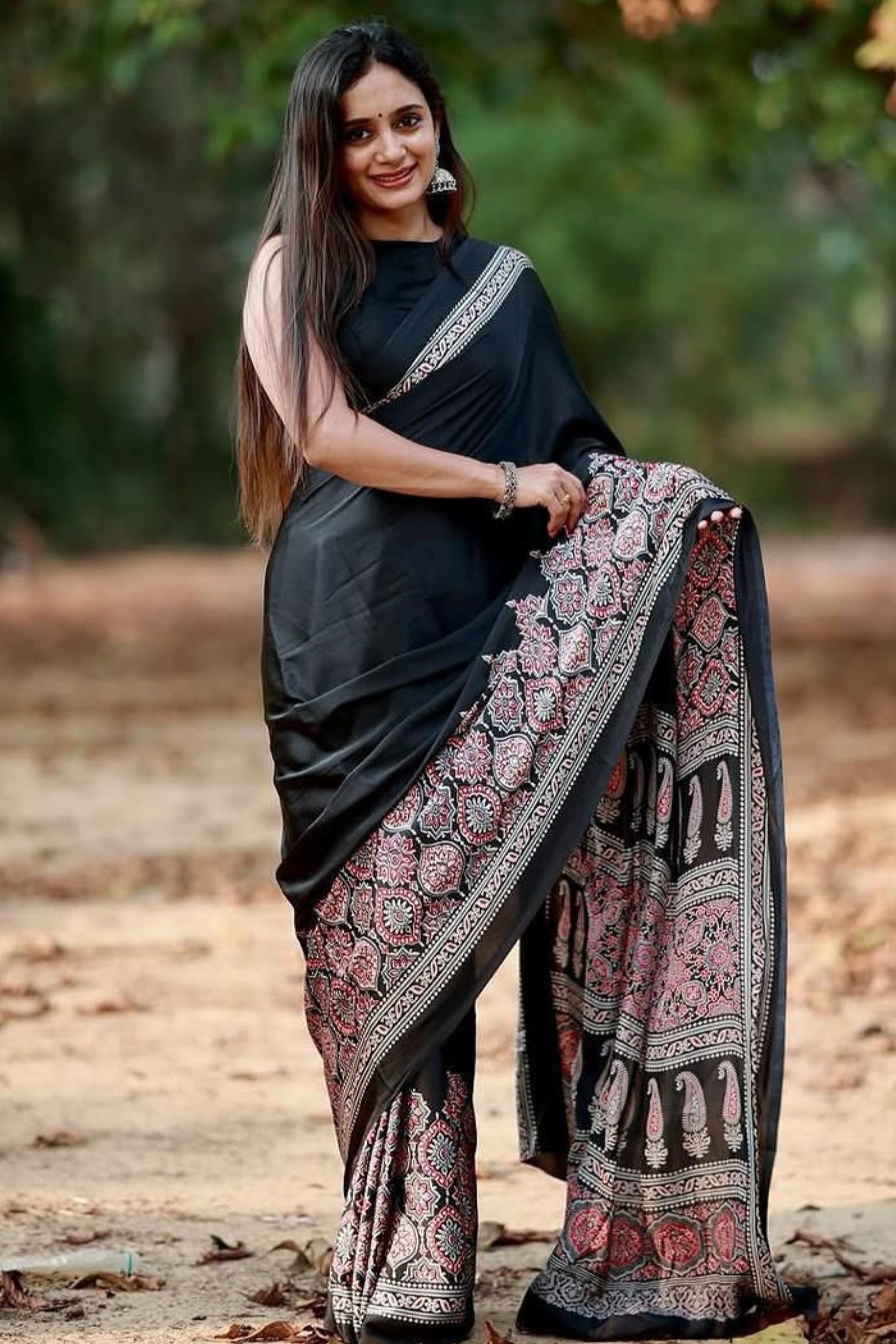 Buy MySilkLove Asphalt Black Ajrakh Printed Satin Crepe Silk Saree Online