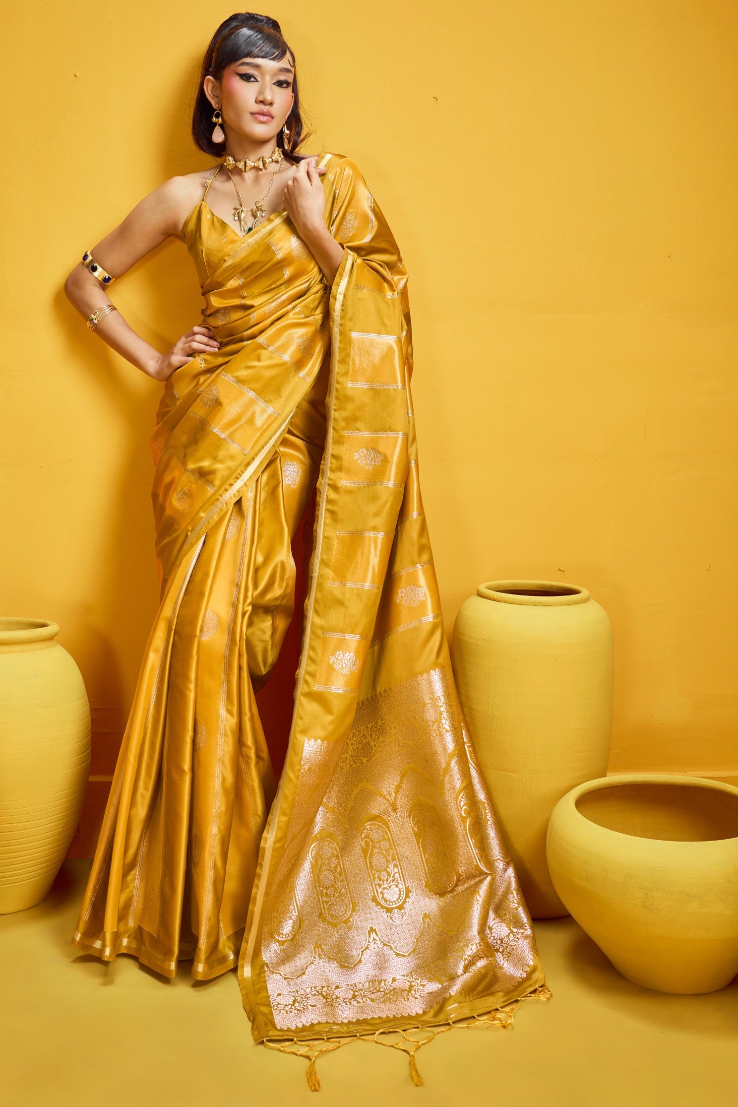 Buy MySilkLove Trombone Yellow Banarasi Handloom Satin Silk Saree Online