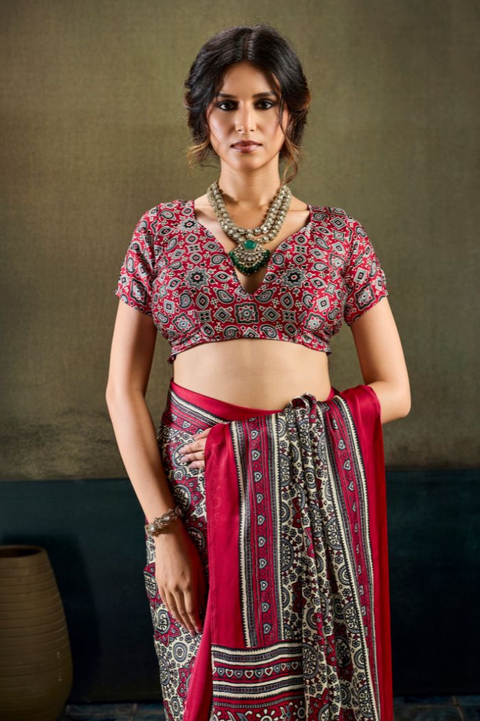Buy MySilkLove Barn Red Modal Ajrakh Satin Printed Silk Saree Online