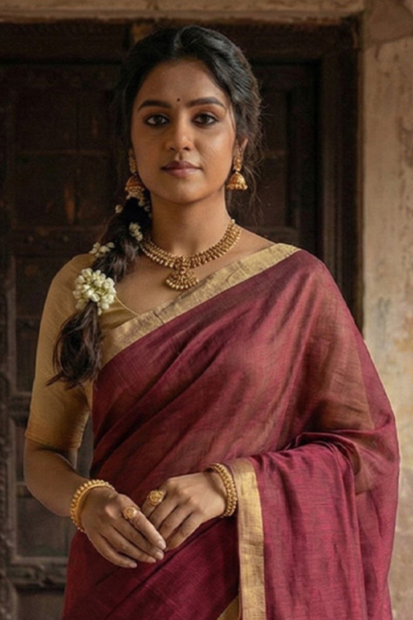 MySilkLove Burgundy Maroon Cotton Silk Saree