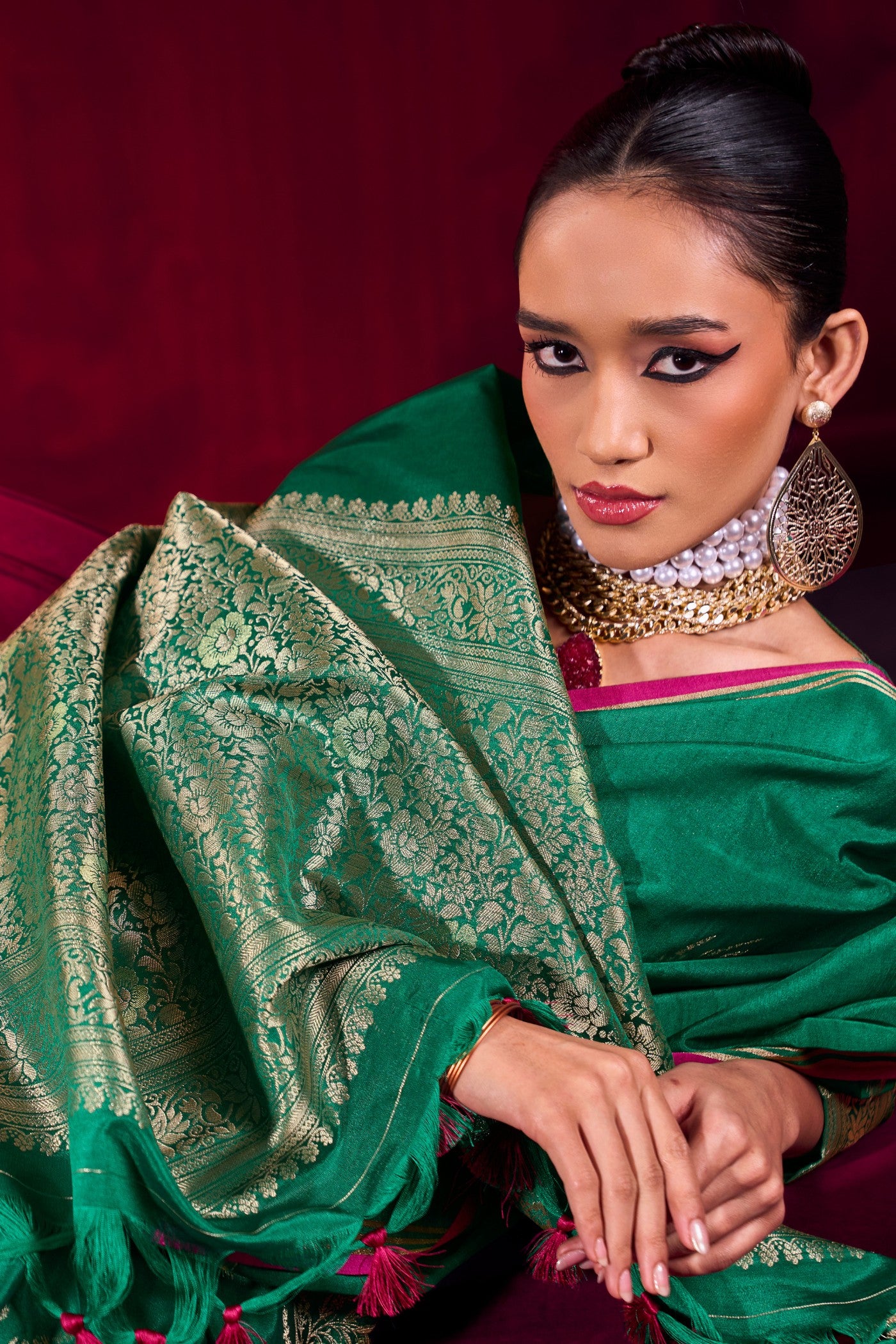 Buy MySilkLove Forest Green Handloom Satin Soft Silk Saree Online