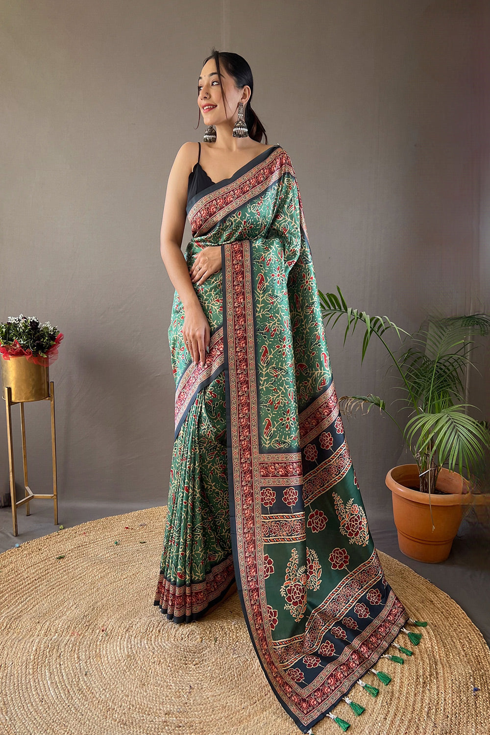Buy MySilkLove Willow Grove Green Ajrakh Printed Saree Online