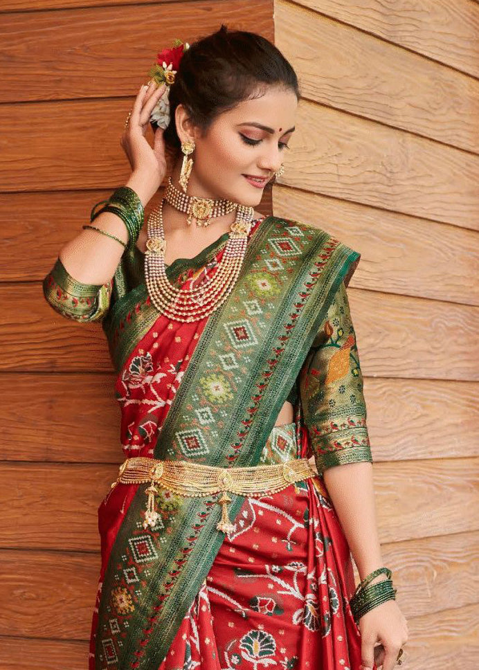 Buy MySilkLove Chilly Red and Green Woven Kanchipuram Saree Online