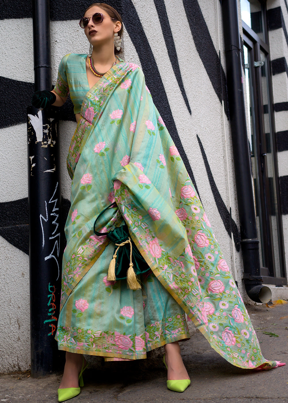 Buy MySilkLove Sinbad Green Floral Handloom Banarasi Saree Online