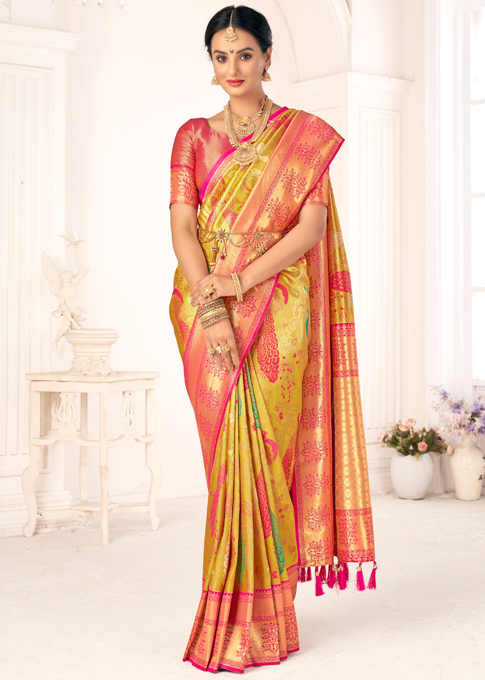 Buy MySilkLove Confetti Yellow Woven Paithani Fusion Kanjivaram Silk Saree Online