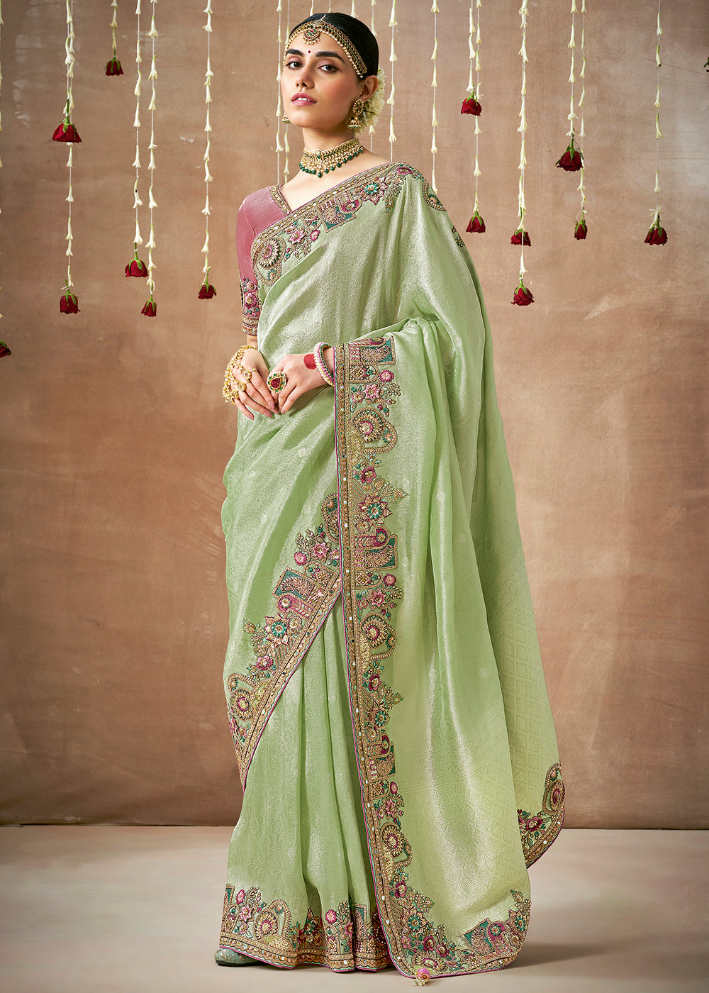 Buy MySilkLove Tea Green Zari Woven Embroidery Designer Tissue Dola Silk Saree Online