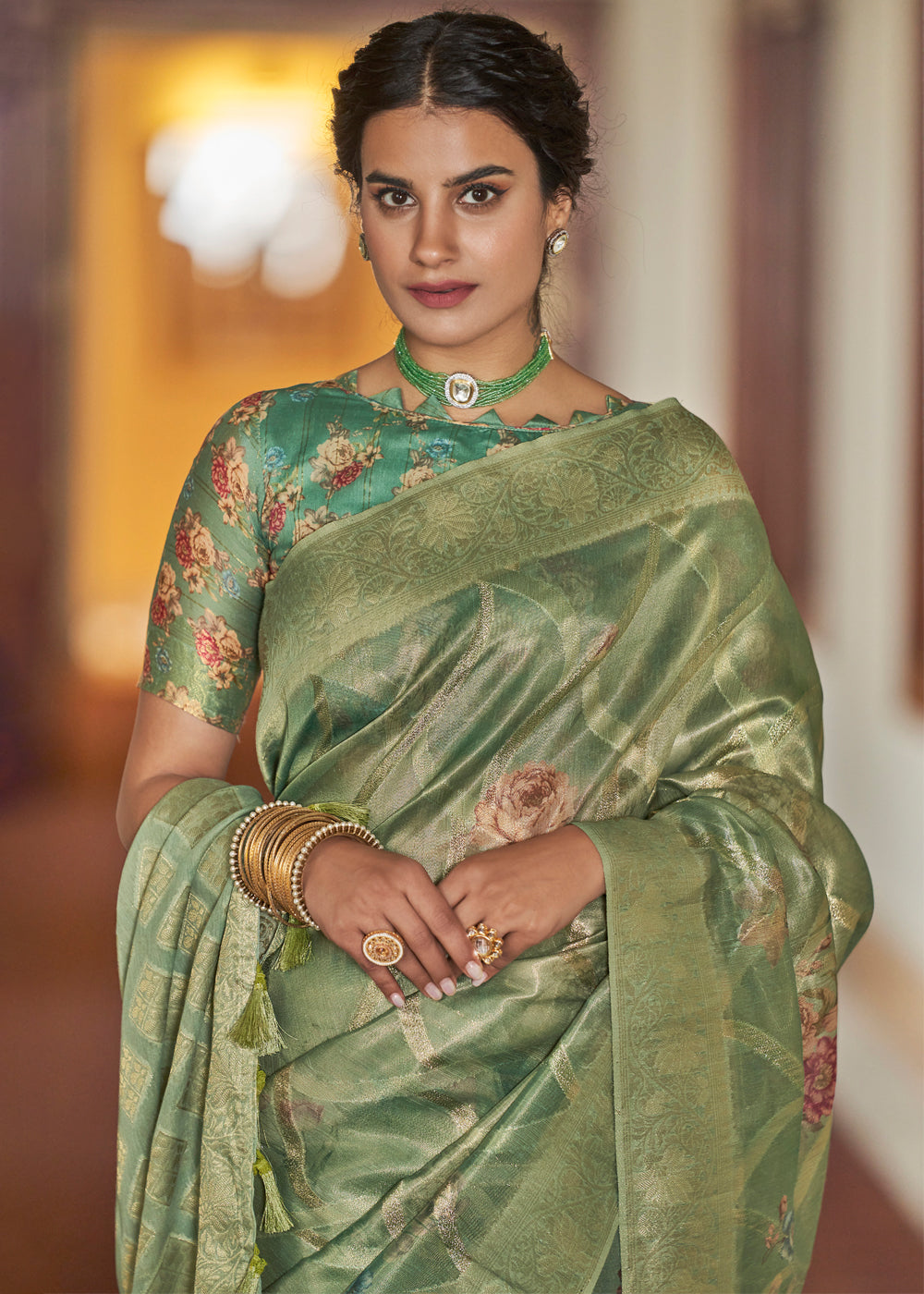 Buy MySilkLove Avocado Green Woven Banarasi Tissue Organza Silk Sare Online