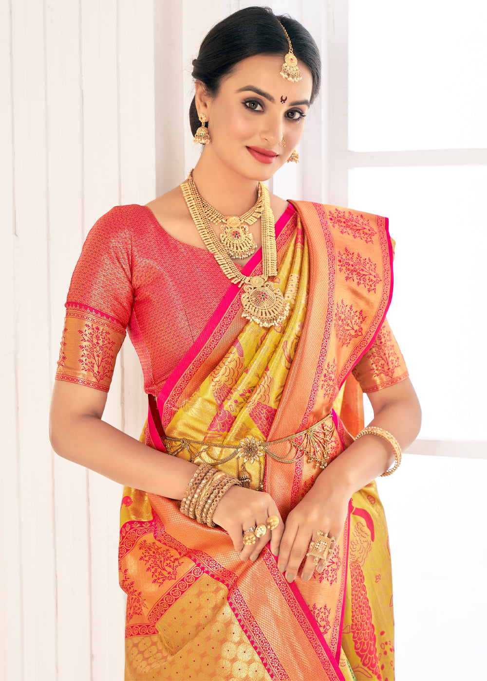 Buy MySilkLove Confetti Yellow Woven Paithani Fusion Kanjivaram Silk Saree Online