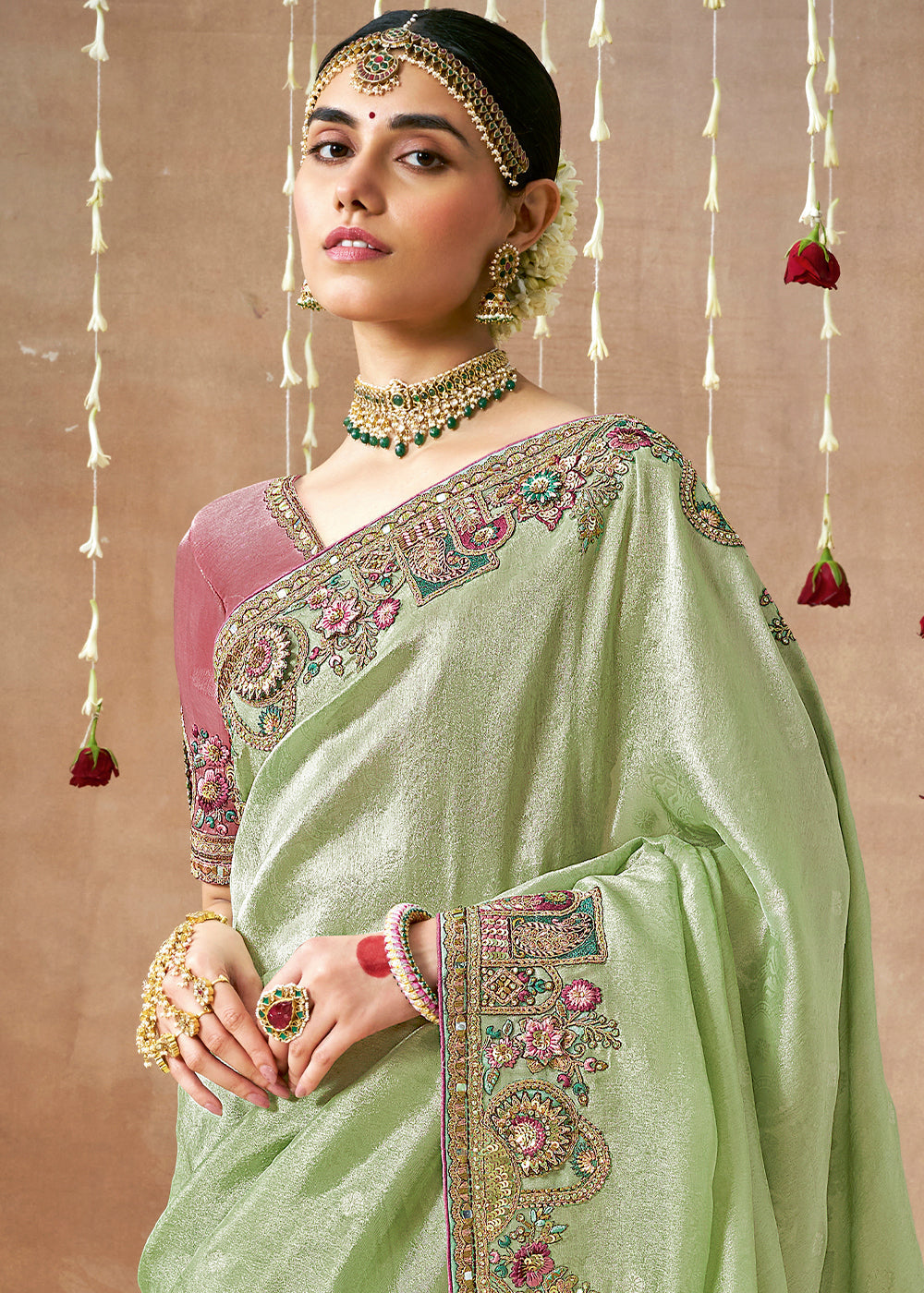 Buy MySilkLove Tea Green Zari Woven Embroidery Designer Tissue Dola Silk Saree Online