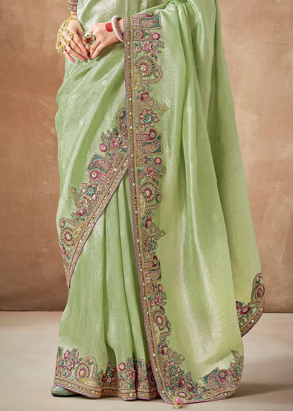 Buy MySilkLove Tea Green Zari Woven Embroidery Designer Tissue Dola Silk Saree Online