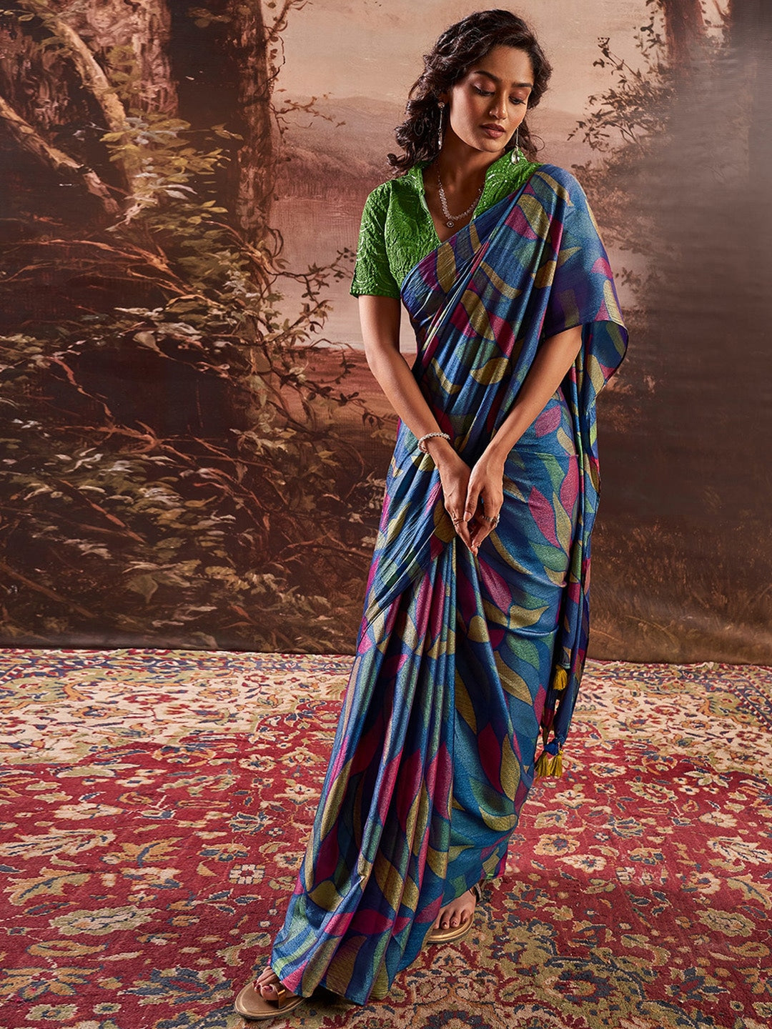 Buy MySilkLove Big Stone Blue Printed Chiffon Saree With Embroidery Blouse Online