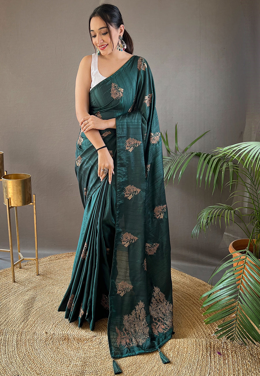 Buy MySilkLove Timber Green Embroidered Tussar Silk Saree Online