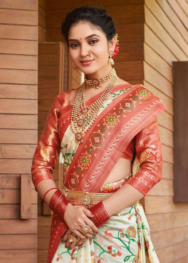 Buy MySilkLove Sisal Cream and Red Woven Kanchipuram Saree Online