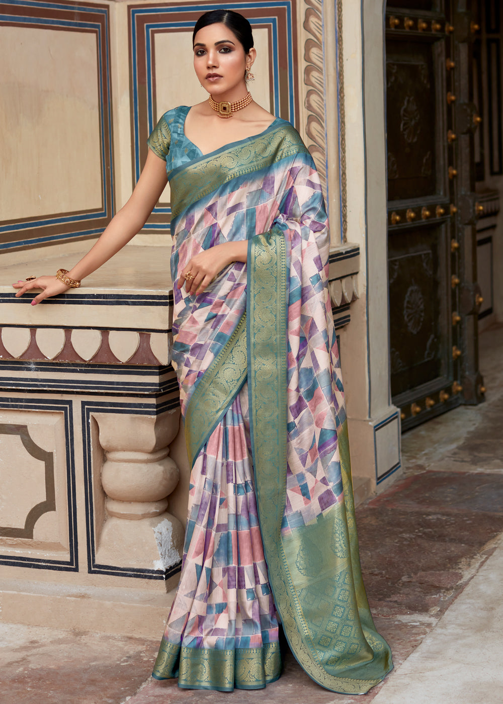 Buy MySilkLove Bismark Blue Banarasi Digital Printed Silk Saree Online
