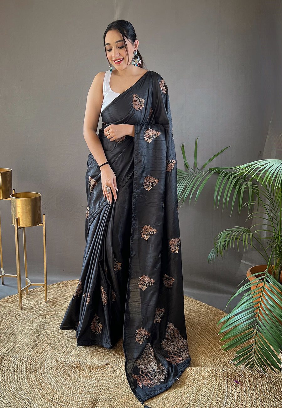 Buy MySilkLove Bunker Black Embroidered Tussar Silk Saree Online