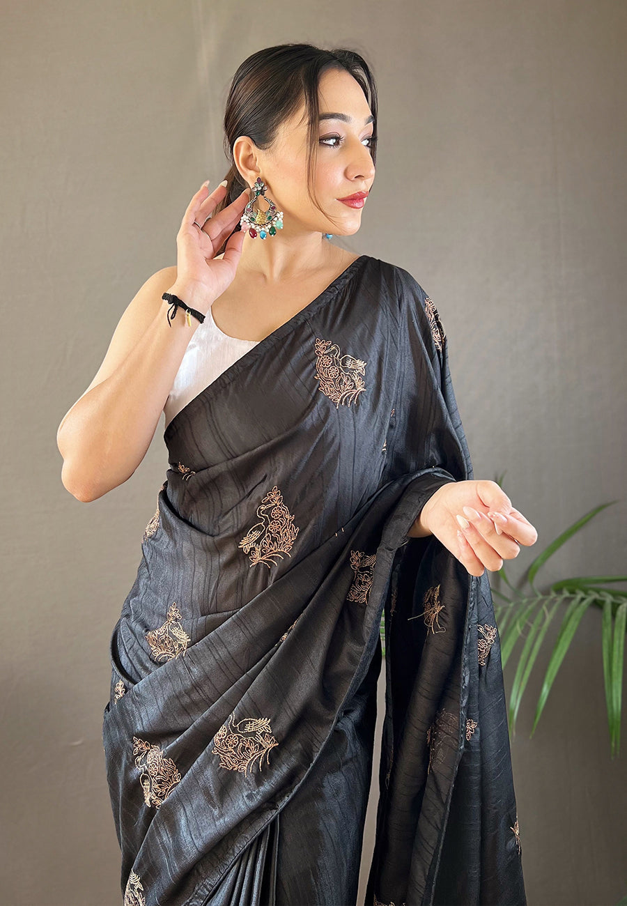 Buy MySilkLove Bunker Black Embroidered Tussar Silk Saree Online