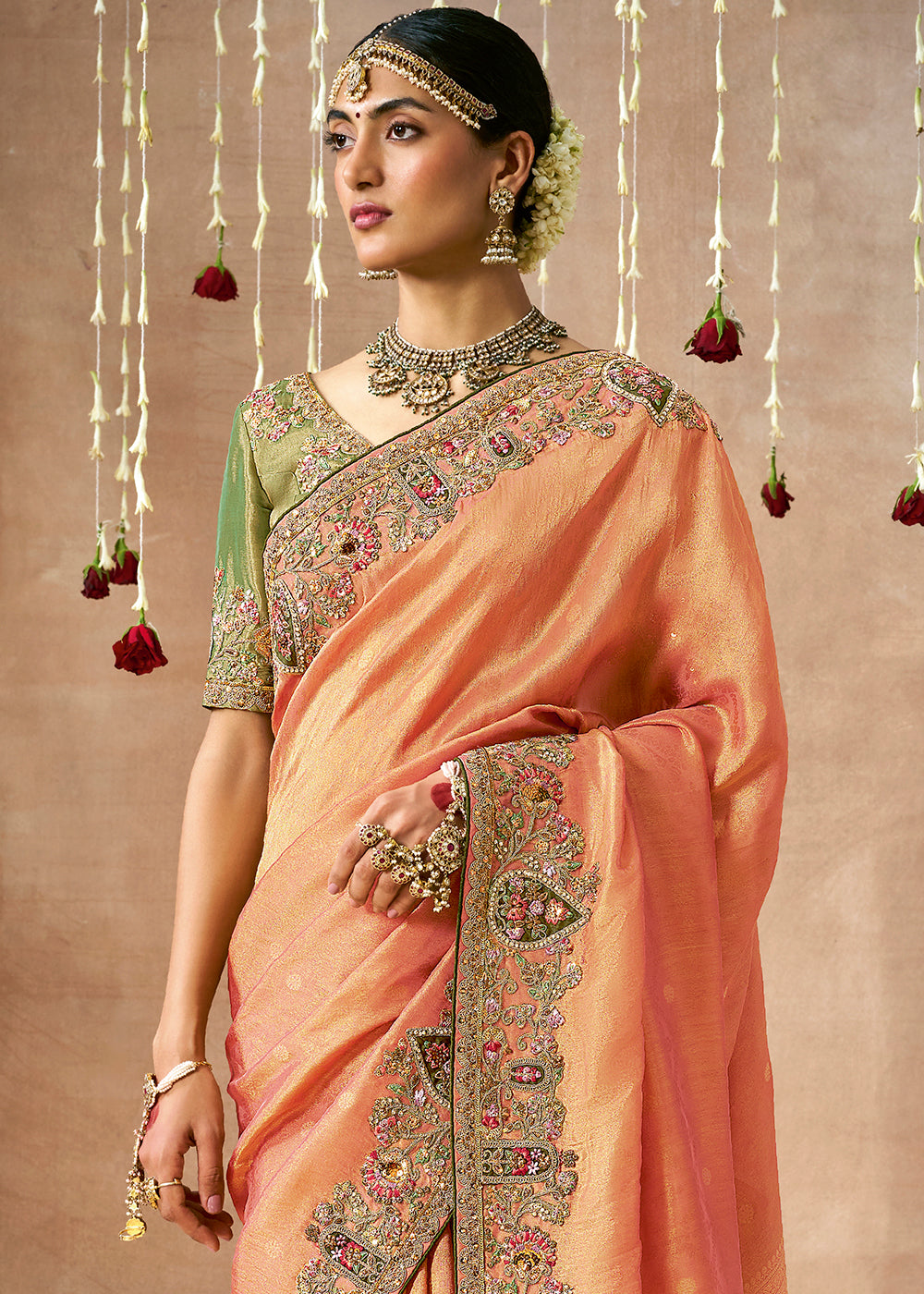 Buy MySilkLove Plum Peach Zari Woven Embroidery Designer Tissue Dola Silk Saree Online