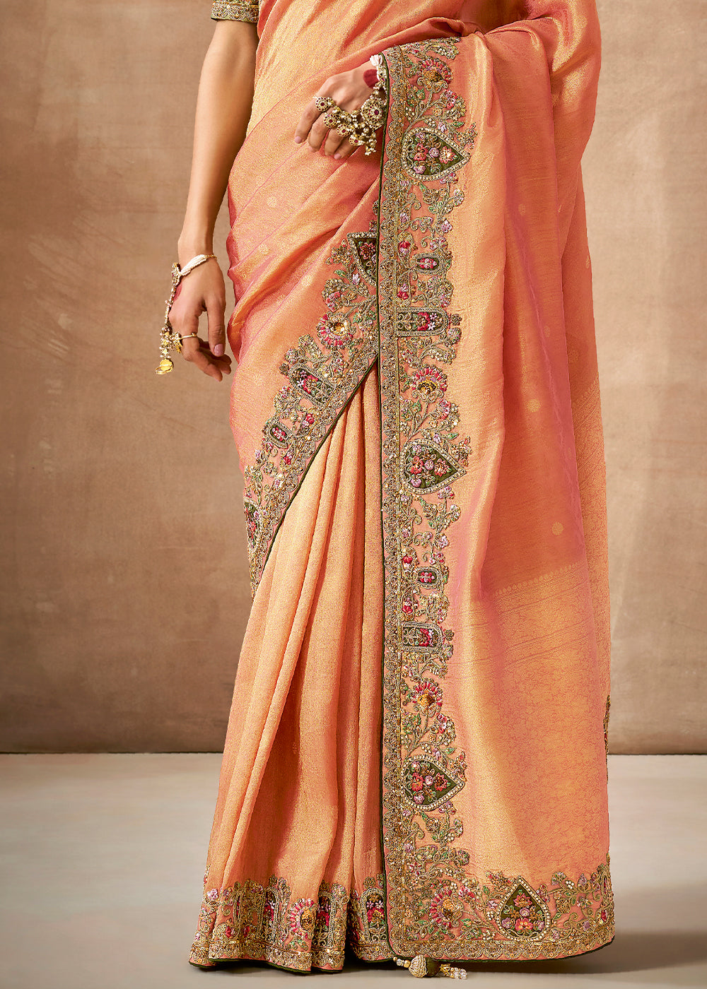 Buy MySilkLove Plum Peach Zari Woven Embroidery Designer Tissue Dola Silk Saree Online