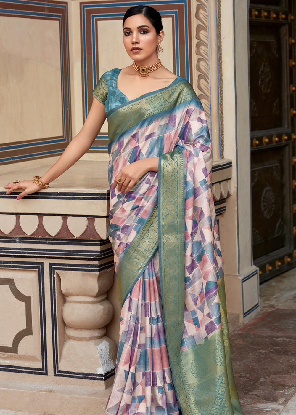 Buy MySilkLove Bismark Blue Banarasi Digital Printed Silk Saree Online