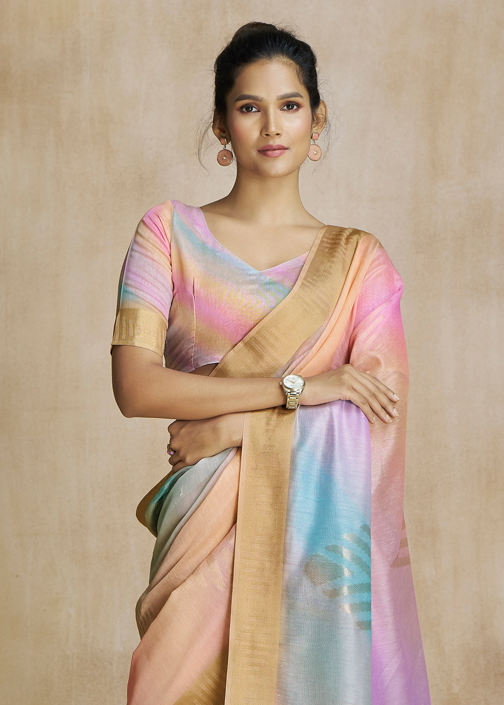 Buy MySilkLove Japonica Orange and Pink Tissue Woven Soft Silk Saree Online