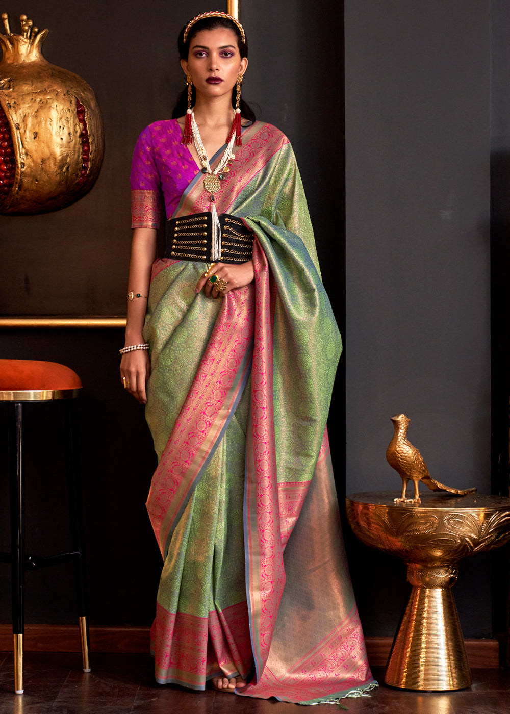 Buy MySilkLove Battleship Green Chaap Handloom kanjivaram silk Saree Online