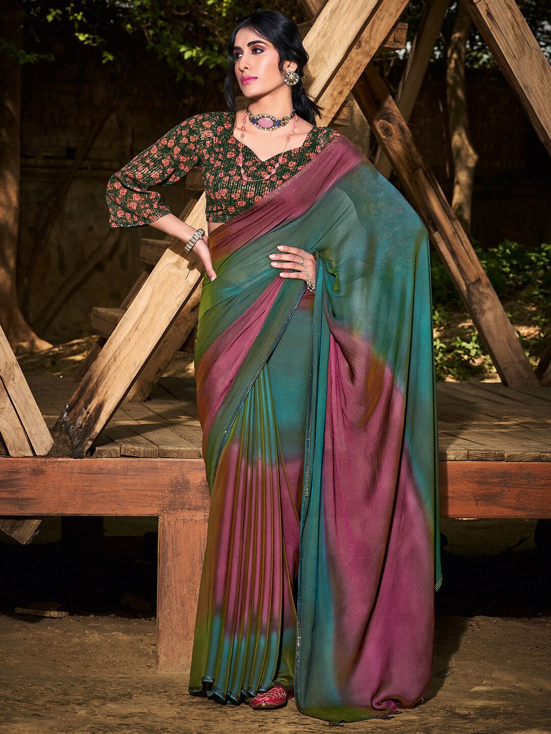 Buy MySilkLove Cutty Sark Green and Purple Chiffon Saree With Printed Blouse Online