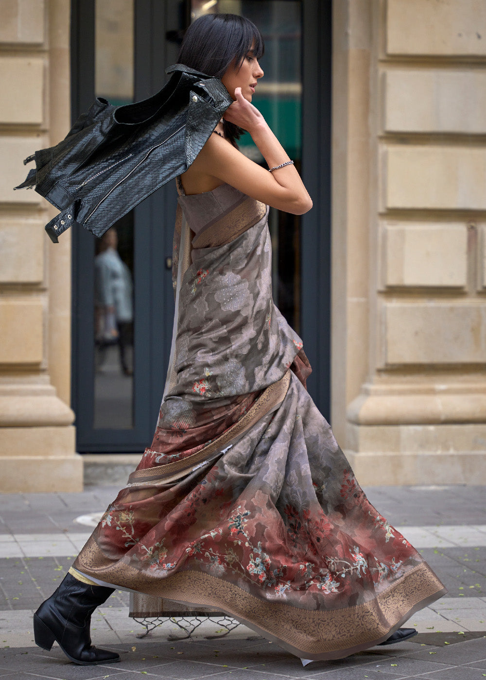 Buy MySilkLove Seal Grey Handloom Poly Brasso Saree Online