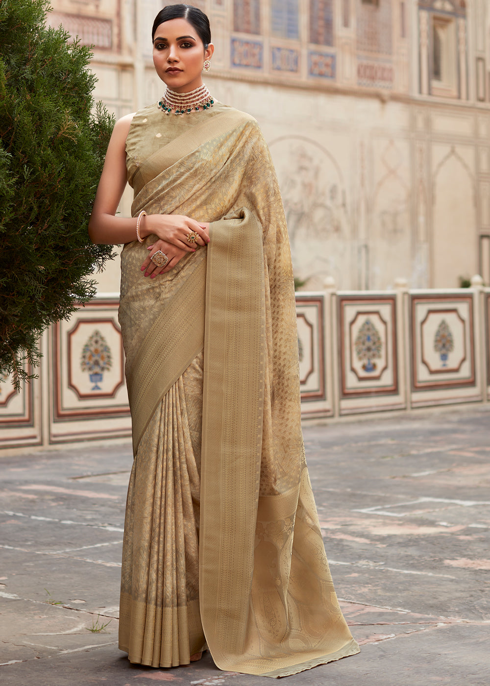Buy MySilkLove Twine Gold Banarasi Digital Printed Silk Saree Online