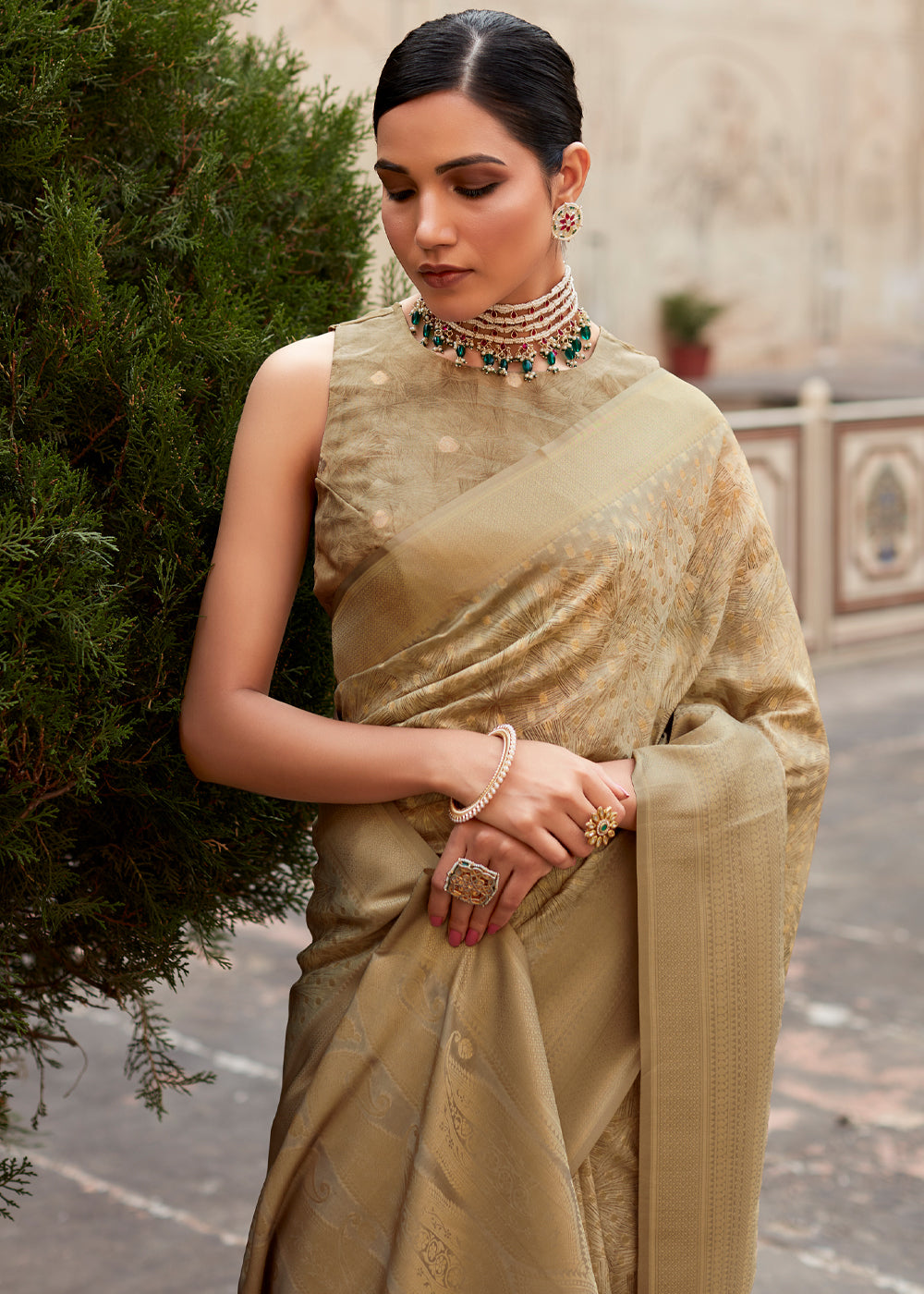 Buy MySilkLove Twine Gold Banarasi Digital Printed Silk Saree Online