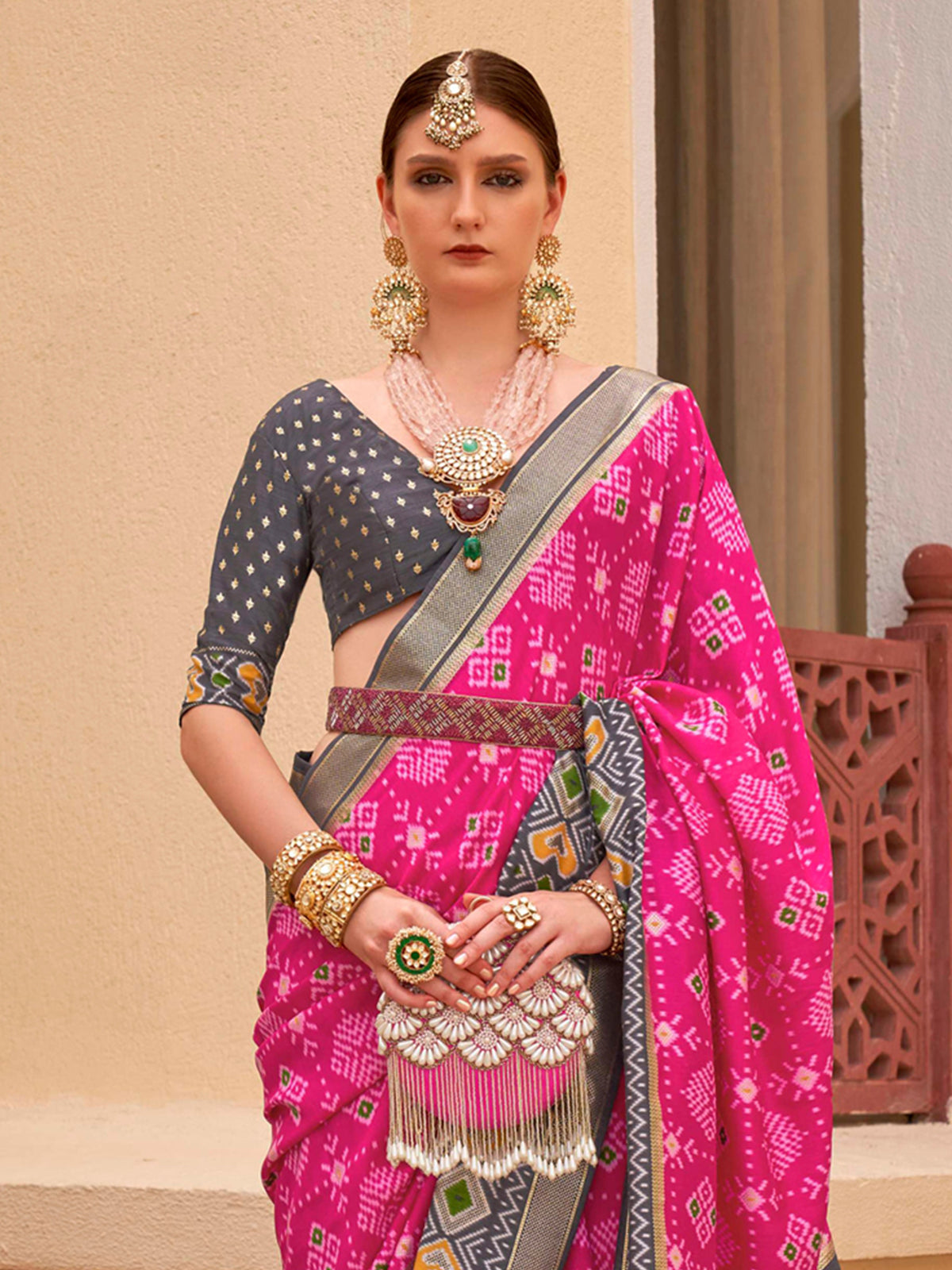 Buy MySilkLove Magenta Pink and Blue Printed Patola Soft Silk Saree Online