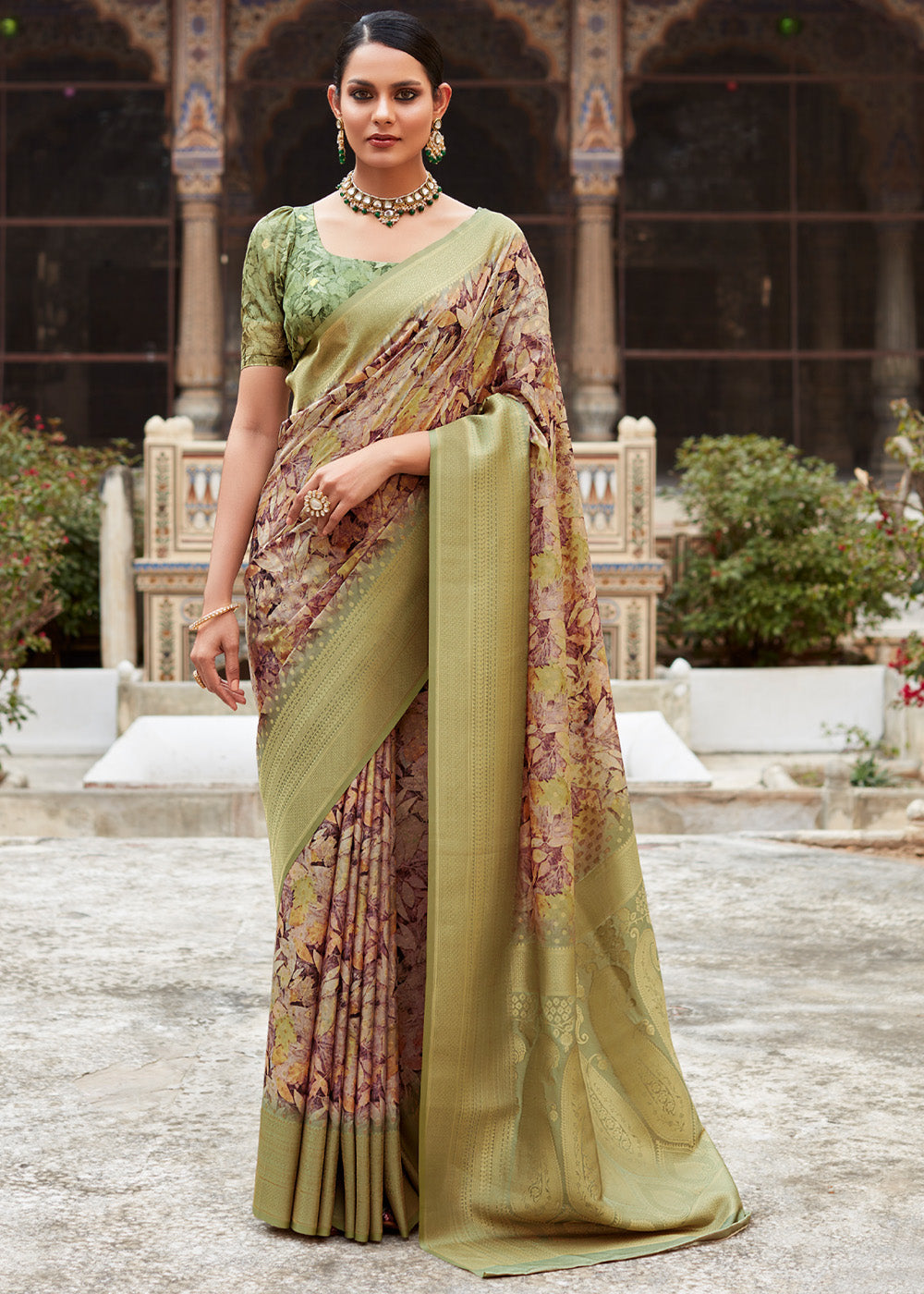 Buy MySilkLove Misty Moss Green Banarasi Digital Printed Silk Saree Online