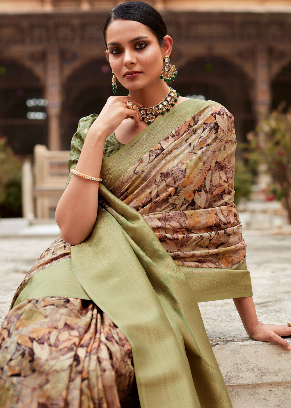 Buy MySilkLove Misty Moss Green Banarasi Digital Printed Silk Saree Online