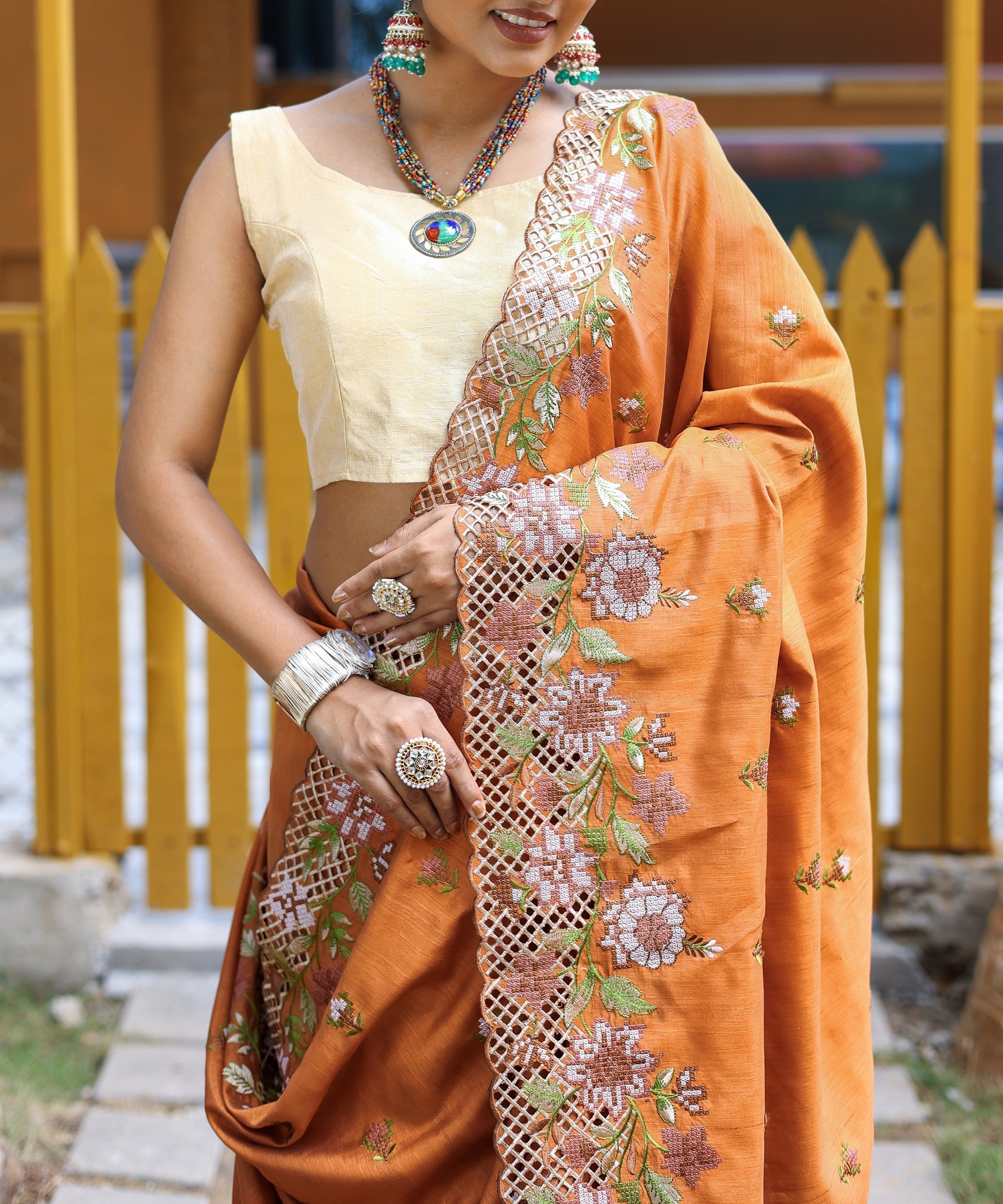 Buy MySilkLove Rajah Orange Embroidered Tussar Silk Saree Online